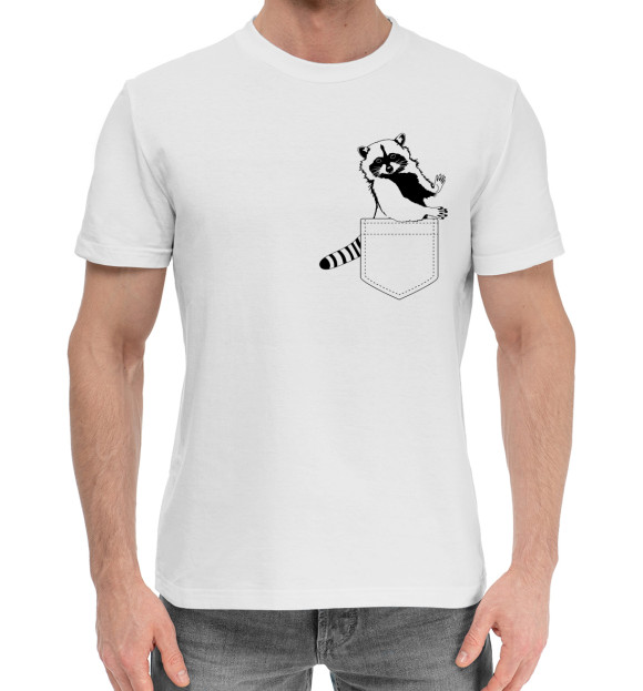 Мужская хлопковая футболка с изображением Енот в кармане цвета Белый