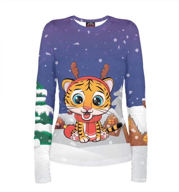 Женский лонгслив с изображением Милый тигренок с рожками цвета Белый