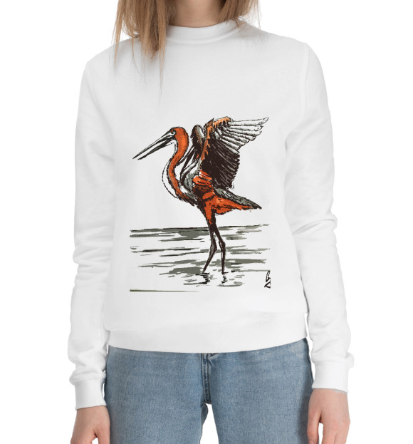 Женский хлопковый свитшот с притом Цапля на воде цвета Белый Женский хлопковый свитшот с изображением Цапля на воде цвета Белый