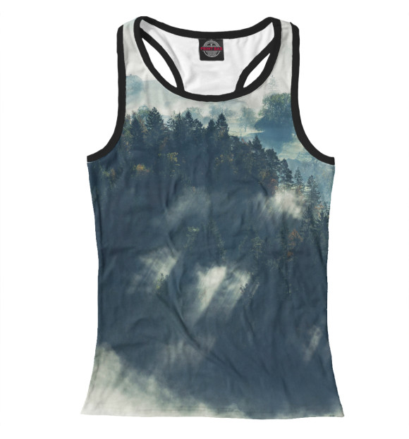 Женская майка-борцовка с изображением Туманный лес. Лучи солнца цвета Белый
