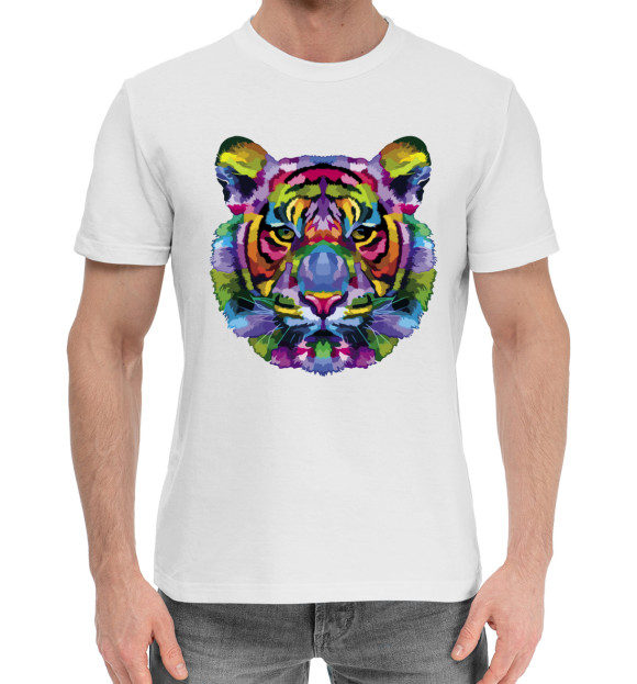 Мужская хлопковая футболка с изображением Color tiger цвета Белый