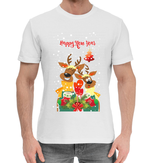 Мужская хлопковая футболка с изображением Happy new year цвета Белый