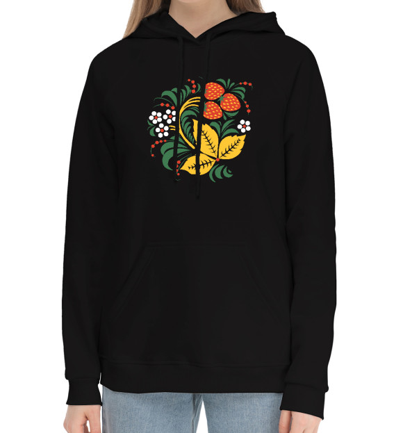 Женский хлопковый худи с изображением Хохлома роспись Клубника цвета Черный