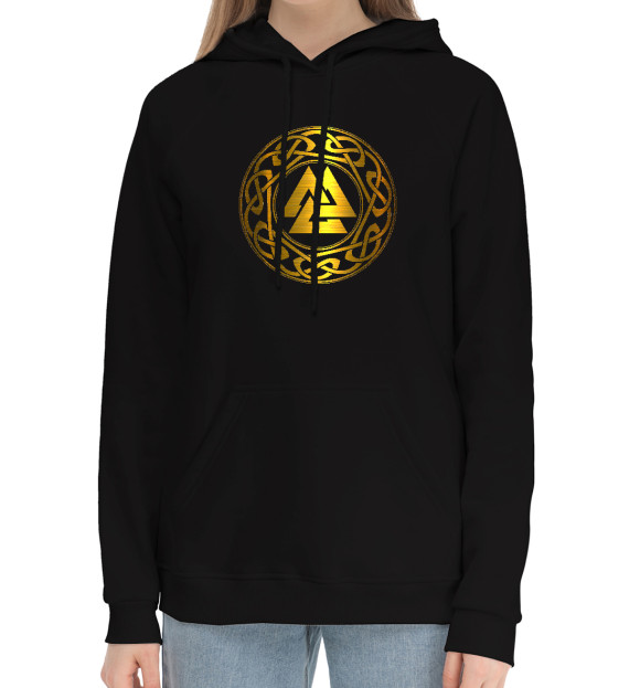 Женский хлопковый худи с изображением Валькнут символ бога Одина цвета Черный