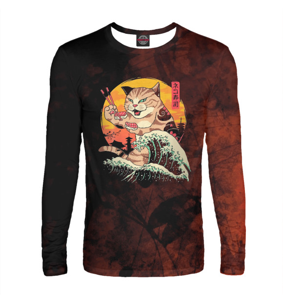 Мужской лонгслив с изображением Vintage Japan Art Cat Eatin цвета Белый