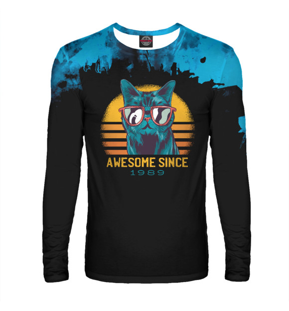 Мужской лонгслив с изображением AWESOME CAT SINCE 1989 цвета Белый