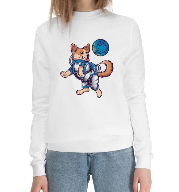 Женский хлопковый свитшот с изображением Собачка в космосе цвета Белый