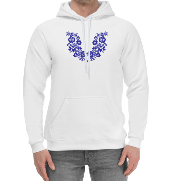 Мужской хлопковый худи с изображением Синий славянский узор цвета Белый