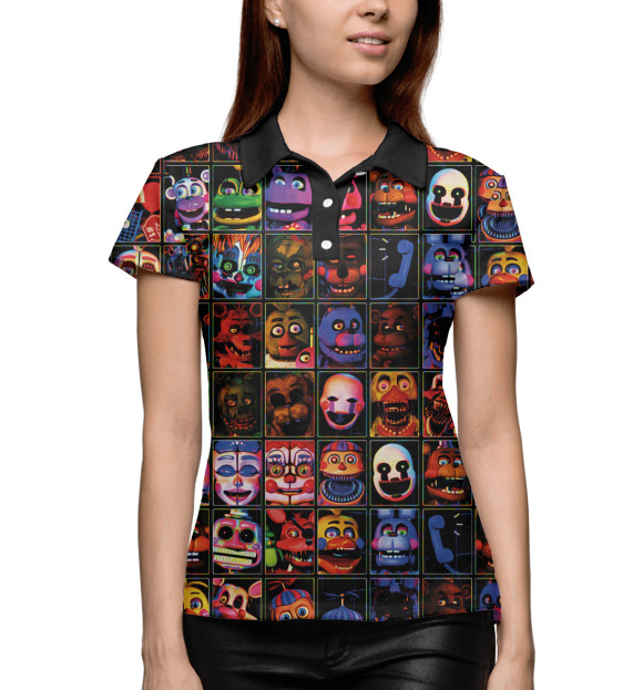 Женское поло с притом Five Nights at Freddy's цвета Белый Женское поло с изображением Five Nights at Freddy's цвета Белый