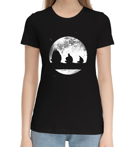 Женская хлопковая футболка с изображением Planet Totoro цвета Черный