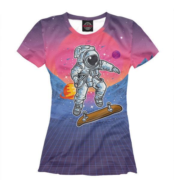 Женская футболка с изображением Космонавт прыгает на скейте цвета Белый