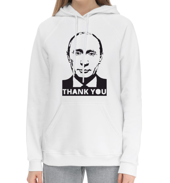 Женский хлопковый худи с изображением Putin - Thank You цвета Белый