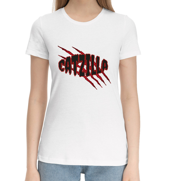 Женская хлопковая футболка с изображением Catzilla с когтями цвета Белый