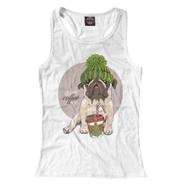 Женская майка-борцовка с изображением Забавный Мопс с Кофе цвета Белый