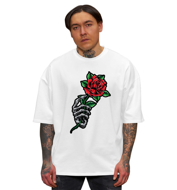 Мужская футболка оверсайз с притом Роза в руке скелета цвета Белый Мужская футболка оверсайз с изображением Роза в руке скелета цвета Белый