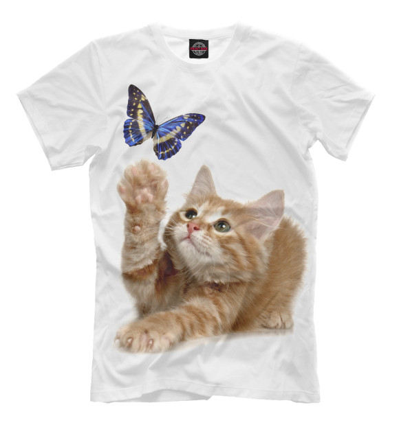 Мужская футболка с изображением Котенок и бабочка цвета Молочно-белый