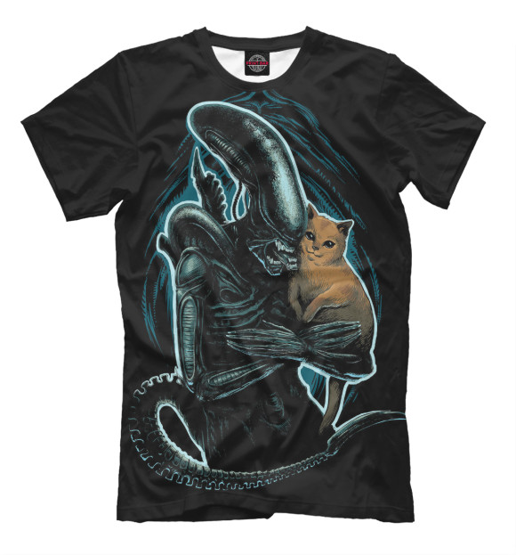 Мужская футболка с изображением Чужой с котиком цвета Черный