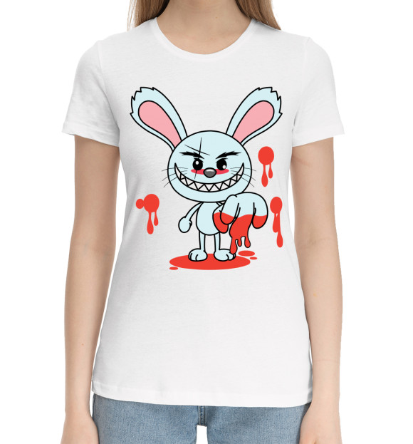 Женская хлопковая футболка с изображением Кролик маньяк цвета Белый
