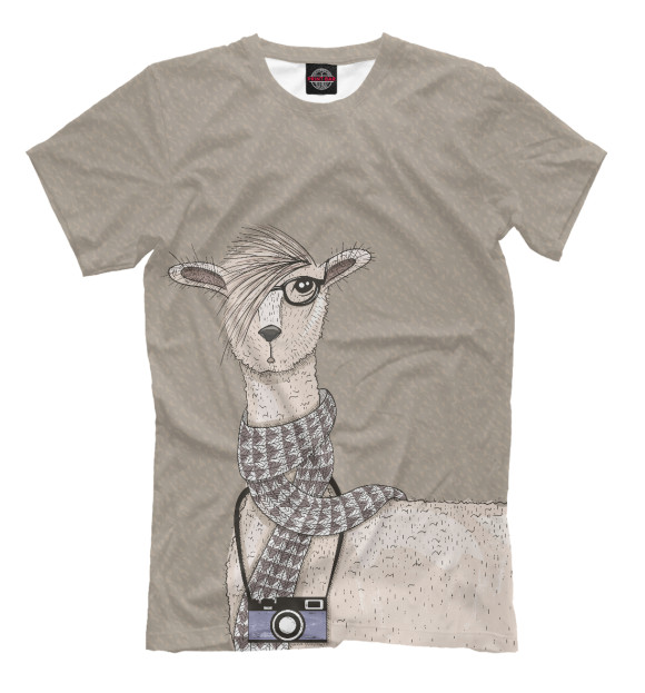 Мужская футболка с изображением Симпатичная лама с фотоаппаратом цвета Серый