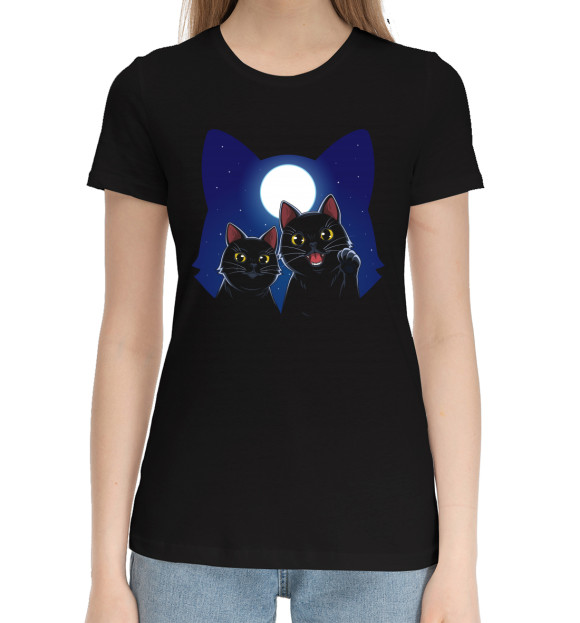 Женская хлопковая футболка с изображением Cat цвета Черный