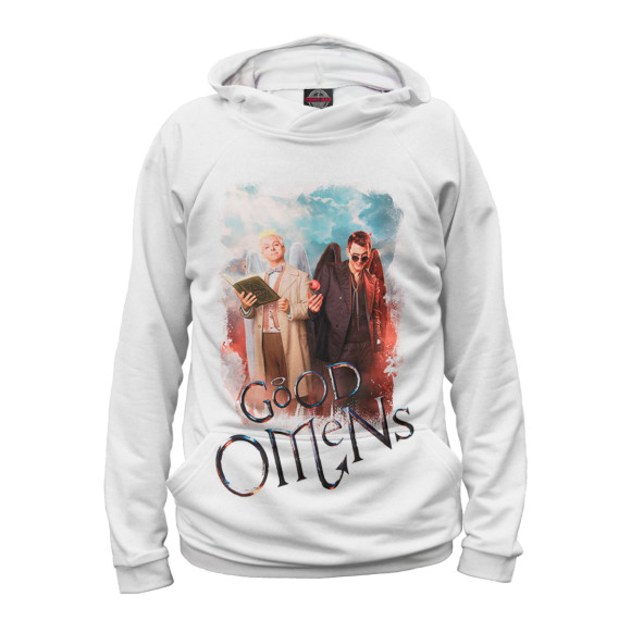 Мужское худи с изображением Азирафаэль и Кроули белый фон цвета Белый