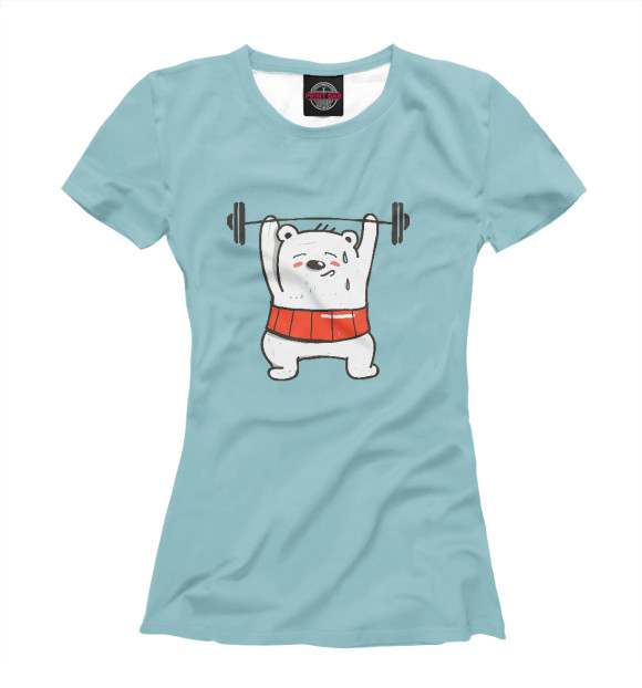 Женская футболка с изображением Медведь Тяжелоатлет цвета Белый