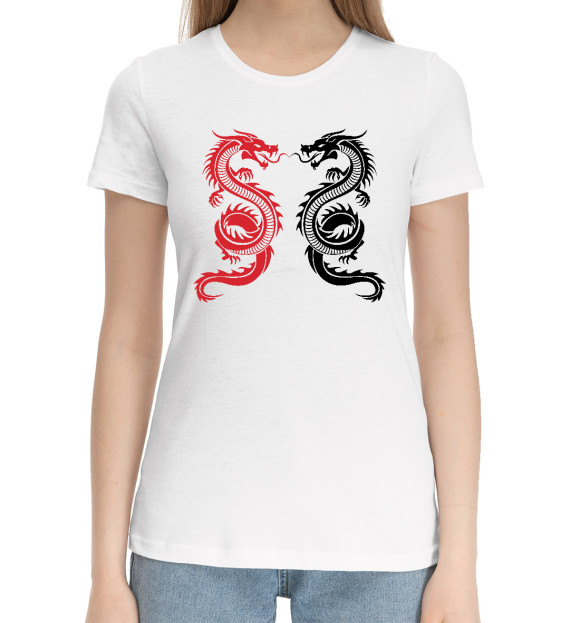 Женская хлопковая футболка с изображением Два Дракона цвета Белый