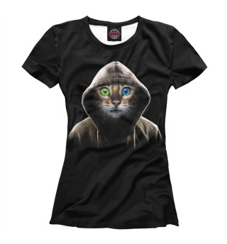 Женская футболка Кот в капюшоне