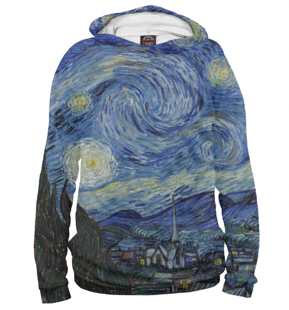 Мужское худи с изображением Звездная ночь - Ван Гог Винсент цвета Белый