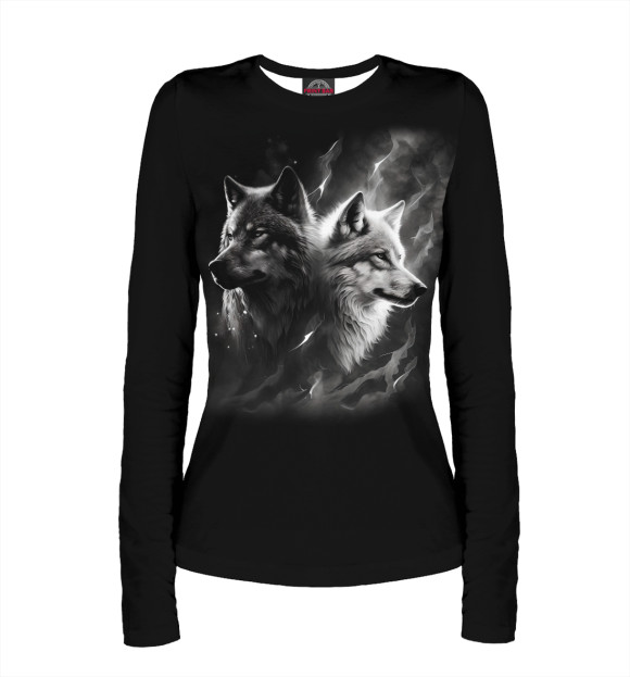 Женский лонгслив с изображением Белый и черный волки цвета Белый