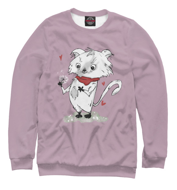 Мужской свитшот с изображением Романтичный котик (розовый фон) цвета Белый