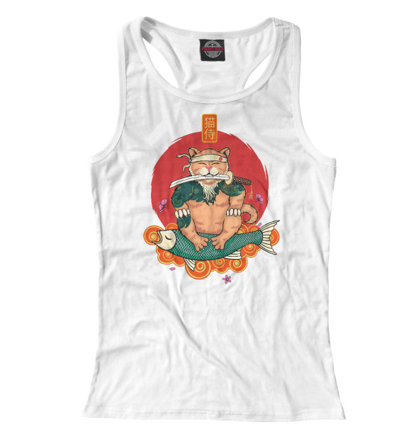 Женская майка-борцовка с изображением Кот самурай цвета Белый