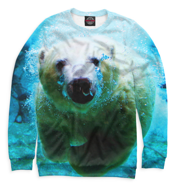 Мужской свитшот с изображением Белый медведь под водой цвета Белый