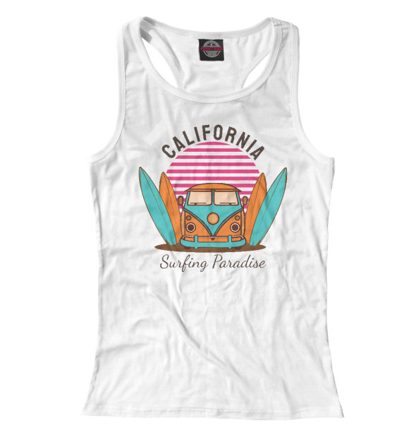 Женская майка-борцовка с изображением Калифорния. Рай для серфера цвета Белый