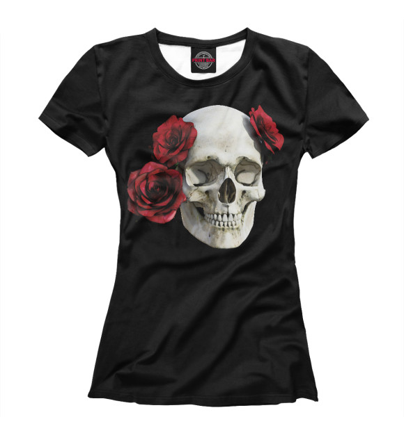 Женская футболка с изображением Череп с розами цвета Белый