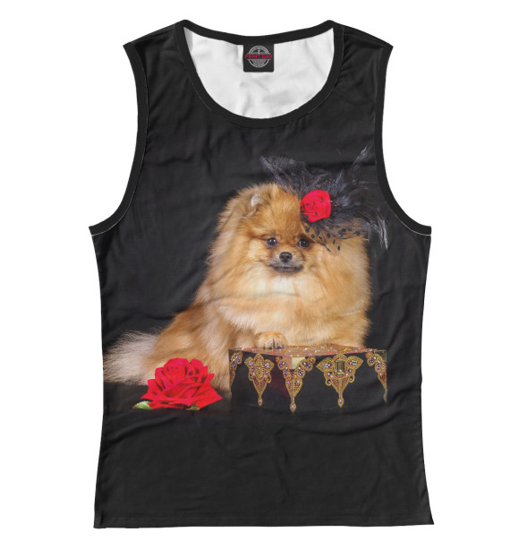 Женская майка с изображением Шпиц с розой цвета Белый