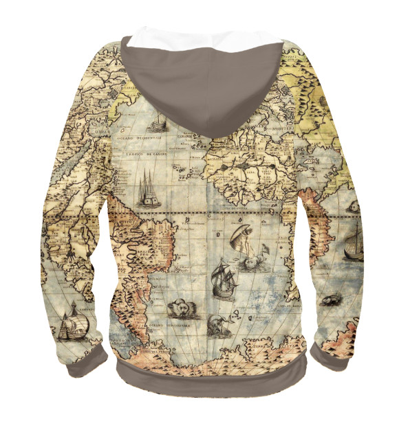 Мужское худи с изображением Древняя карта мира, Тихий океан цвета Белый