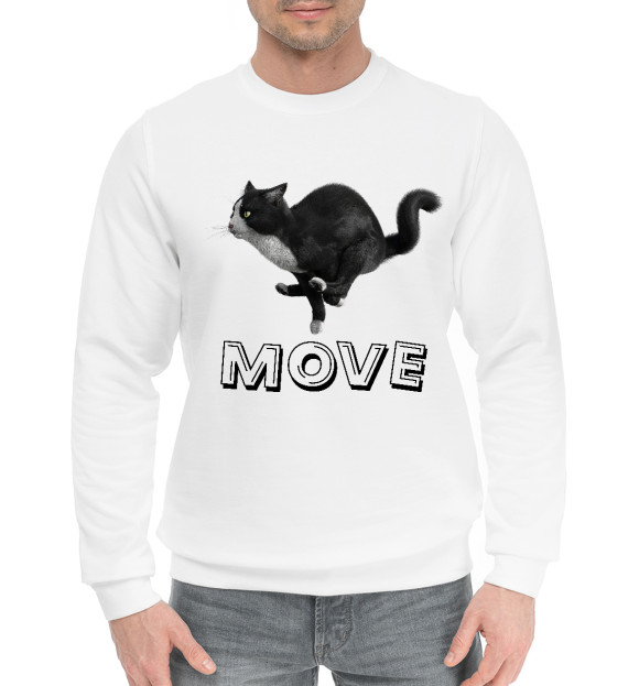 Мужской хлопковый свитшот с изображением Move cat цвета Белый