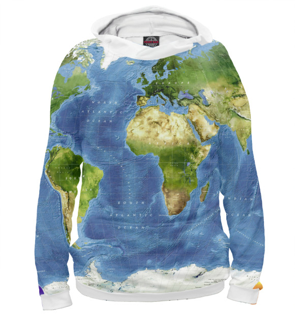 Мужское худи с изображением Топографическая карта мира цвета Белый