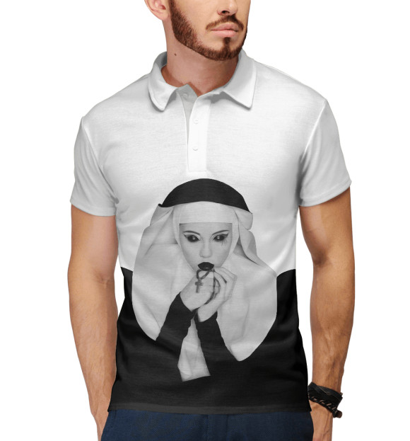 Мужское поло с изображением Монашка с дьявольскими глазами цвета Белый