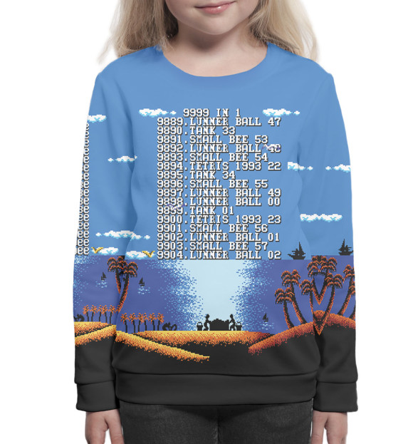 Свитшот для девочек с изображением 9999 in 1: Nintendo на синем фоне цвета Белый