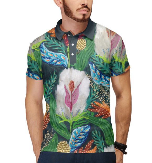Мужское поло с изображением Экзотический цветок цвета Белый