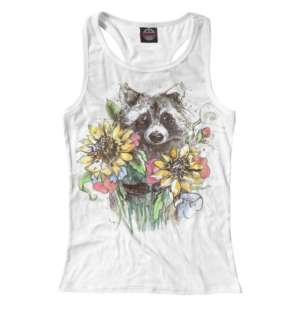 Женская майка-борцовка с изображением Енот с цветами цвета Белый