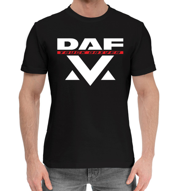 Мужская хлопковая футболка с изображением DAF \ Дальнобойщик цвета Черный