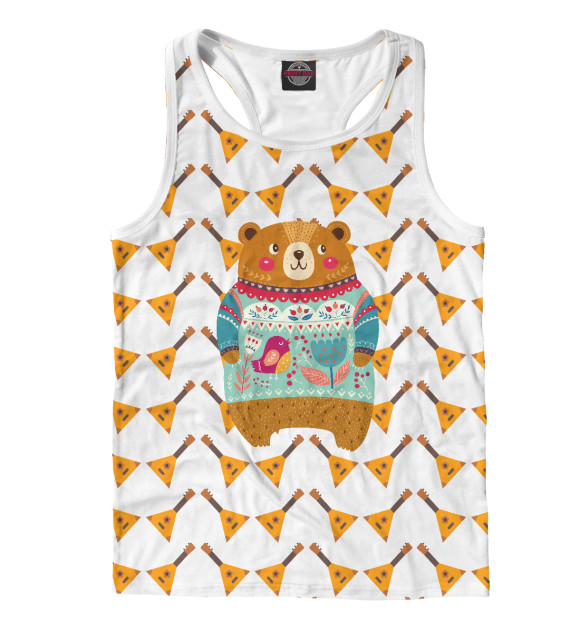 Мужская майка-борцовка с изображением Мишка и балалайка цвета Белый