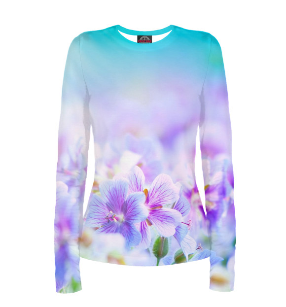 Женский лонгслив с изображением Сиреневые цветочки цвета Белый