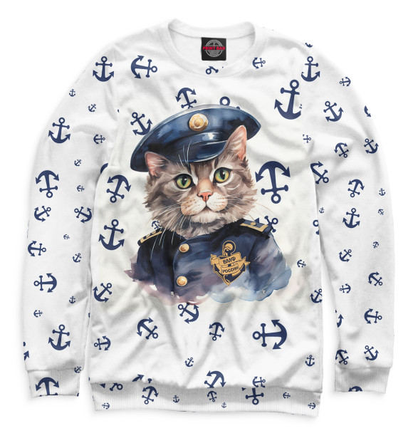 Мужской свитшот с изображением Кот ВМФ цвета Белый