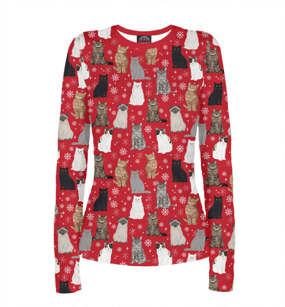 Женский лонгслив с изображением Рождественские коты-2 цвета Белый