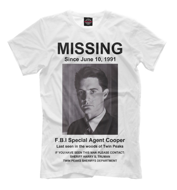 Мужская футболка с изображением Agent Cooper Missing цвета Молочно-белый