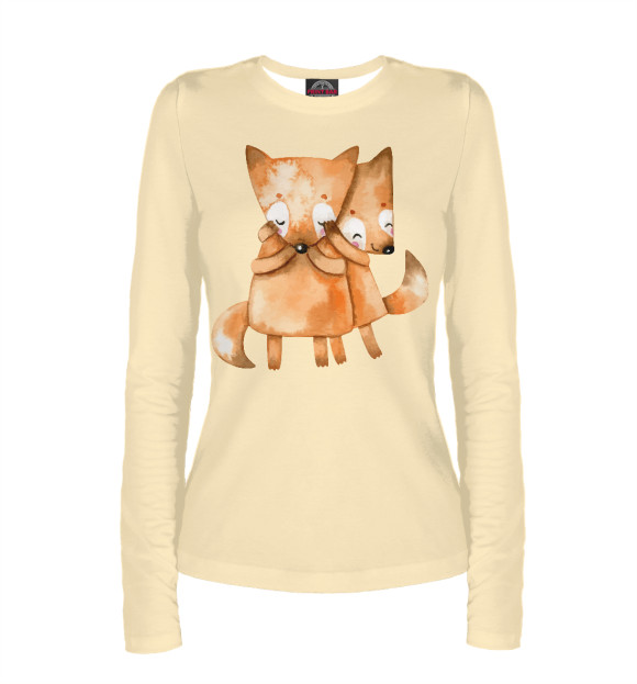 Женский лонгслив с притом Лисята цвета Белый Женский лонгслив с изображением Лисята цвета Белый